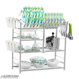 Stainless steel dish rack, wall mountable, with 4 shelves and an upper plate design. Includes one spoon, two glass holders, and a modular kitchen storage rack system