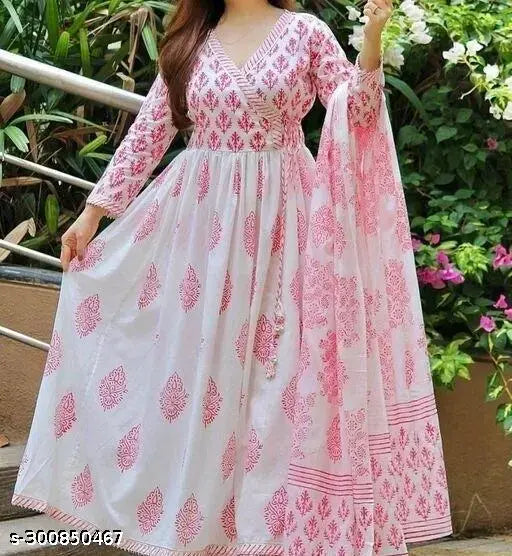 Pink rayon Anarakali kurti and dupatta with chitrarekha print, three-quarter sleeves on display