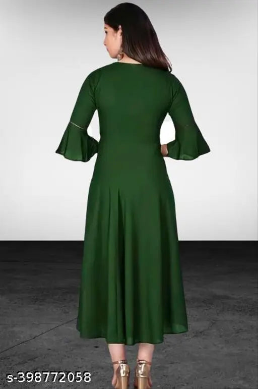 Rayon round neck Anarkali kurti, trendy women's casual solid gown with three-quarter sleeves, embellished with front buttons, India origin