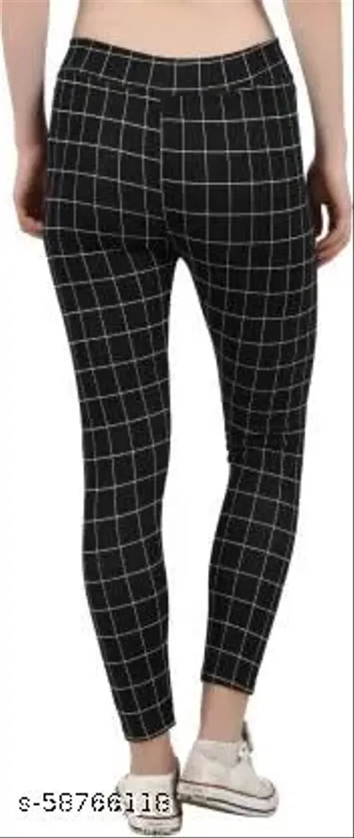 Cotton blend checked women's jeggings, adjustable waistband for fitness, yoga, sports, gym & casual use. (Size 26-32, Made in India)