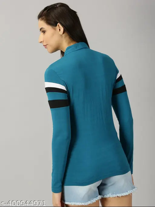 Teal striped full sleeve cotton blend polo t-shirt for women, perfect casual wear