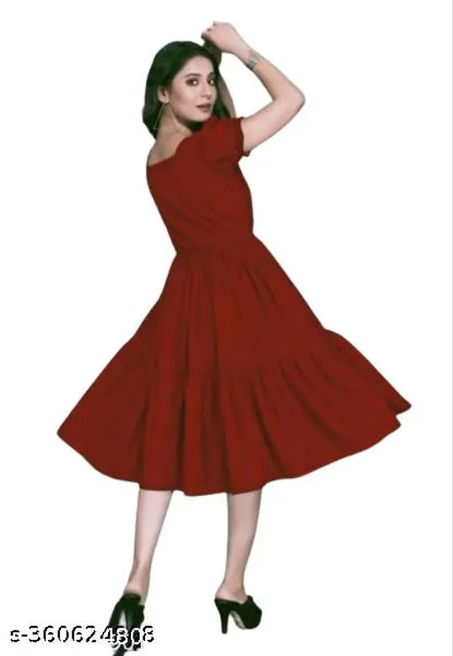 Red ruffled midi dress with short sleeves