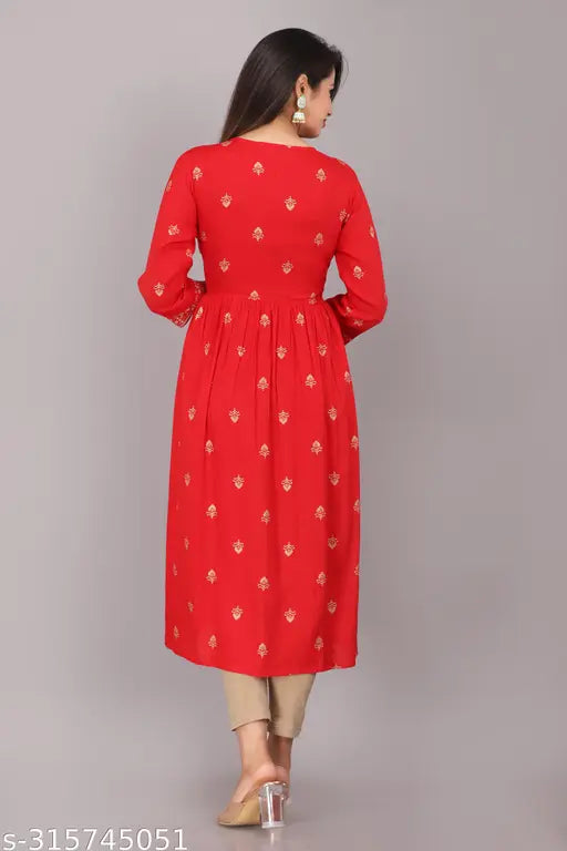 Stylish rayon printed embroidered kurti with three-quarter sleeves, perfect for parties. Sizes: S (36in bust, 45in length), M (38in bust, 45in length), L (40in bust, 45in length), XXL (44in bust, 45in length). India origin