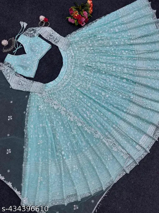 Fashionable traditional net lehenga choli with embroidered dupatta for festive occasions and weddings, semi-stitched (42waist, 42length, 70duppatta)