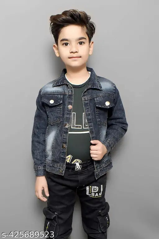Blue denim jacket with black sleeves and white graphic on front