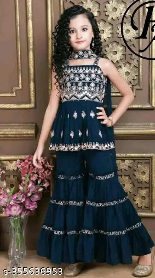 Dark Blue Georgette Embellished Kurta & Sharara Set for Girls Partywear