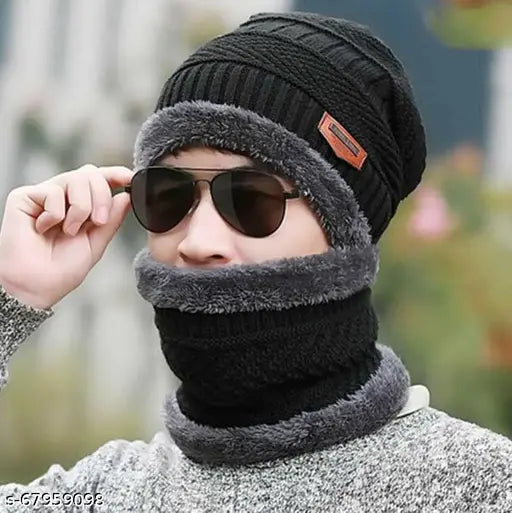 Wool winter cap with face cover, neck warmer & gloves. Fur-lined for warmth in cold weather