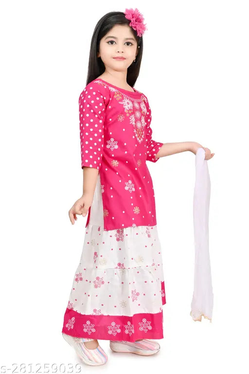 Cute rayon kurti skirt set for kids with printed A-line top and three-quarter sleeves, India origin