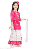 Cute rayon kurti skirt set for kids with printed A-line top and three-quarter sleeves, India origin