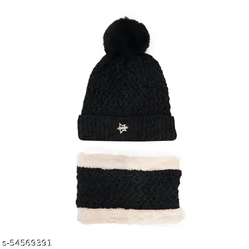 Trendy, fur-lined velvet wool beanie cap & scarf set for women. Premium quality soft material, perfect winter fashion accessory
