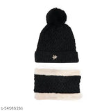 Trendy, fur-lined velvet wool beanie cap & scarf set for women. Premium quality soft material, perfect winter fashion accessory