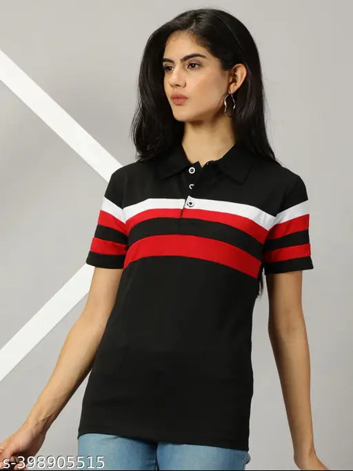 Black cotton blend striped half sleeve polo t-shirt for women, ideal for casual wear