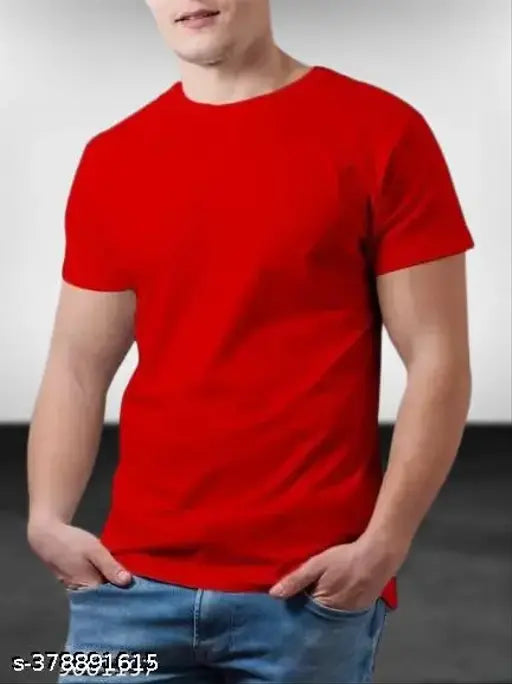 Men's solid red cotton half-sleeve T-shirt, available in sizes M, L, XL. Classic round neckline with high-definition print, stretchable and breathable fabric. Made in India