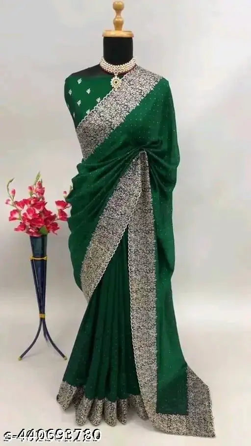 Green Vichitra Silk saree with embroidered blouse, traditional Indian fashion accessory