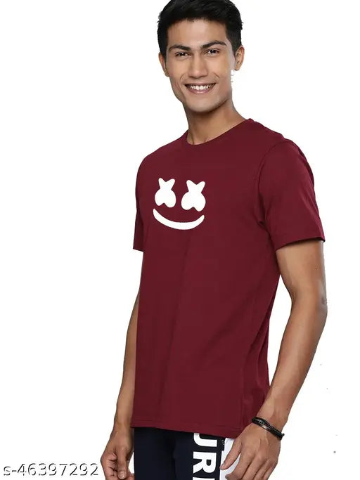 100% cotton maroon marshmallow graphic printed men's T-shirt, great for gym and casual events, made in India