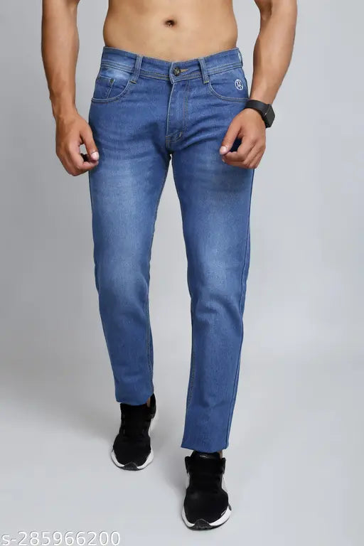 Light blue denim slim fit mid rise jeans with comfortable pockets, stretchable and durable, ideal for casual or special occasions. India origin