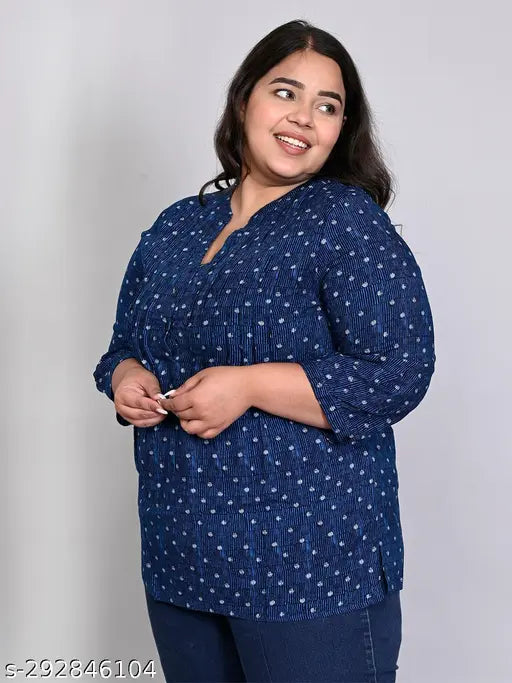 Blue printed pintuck mandarin collar longline top in size XL, rayon fabric with three-quarter sleeves, designed for plus-size women, made in India