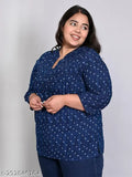 Blue printed pintuck mandarin collar longline top in size XL, rayon fabric with three-quarter sleeves, designed for plus-size women, made in India