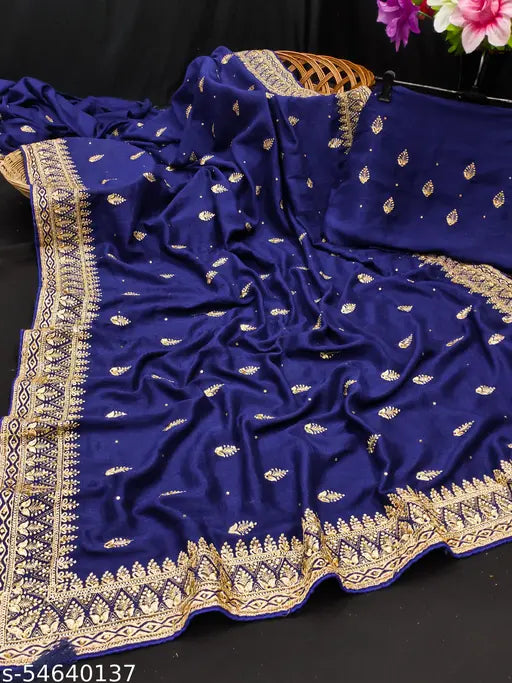 Vichitra Silk saree with all-over zari embroidery, free size Indian traditional attire with separate blouse in matching design