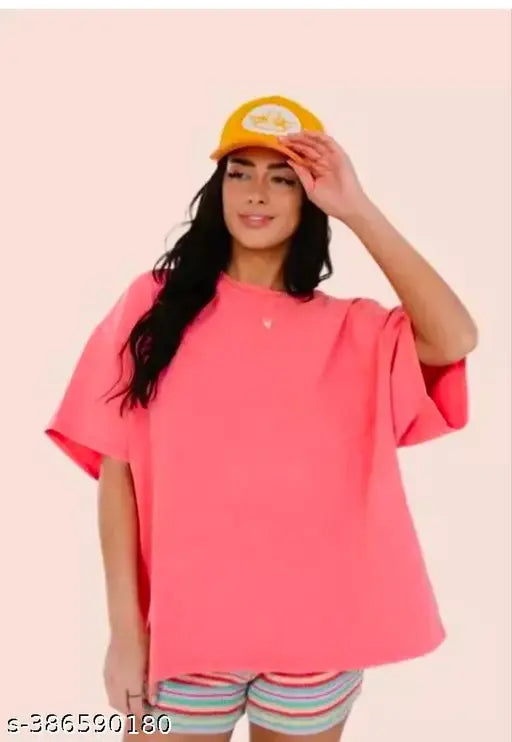 Pink oversized solid cotton T-shirt women's
