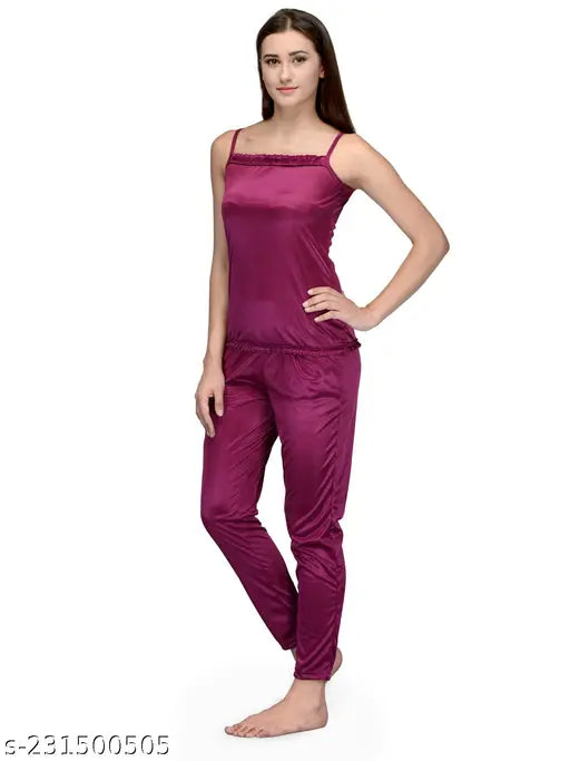 Satin pajama set in 12 colors, Indian-made, features sleeveless spaghetti top and matching bottoms, luxurious for lounging or sleep