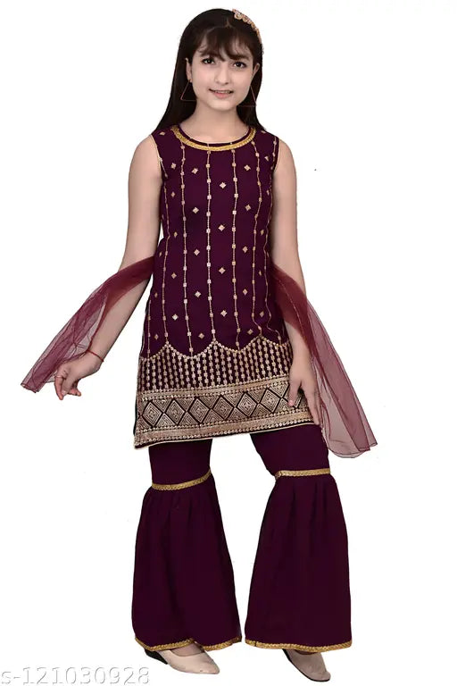 Purple Georgette Sharara set for girls, embellished net party wear for 9-10 to 15-16 years