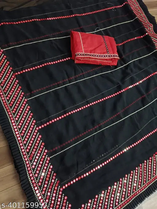 Black and red Georgette fabric sari with intricate border detail