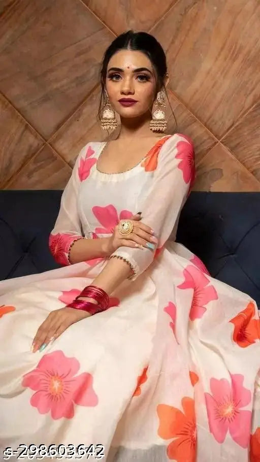 Georgette printed flowers Anarkali kurti set with dupatta in women's fashion, vibrant floral pattern, three-quarter sleeves