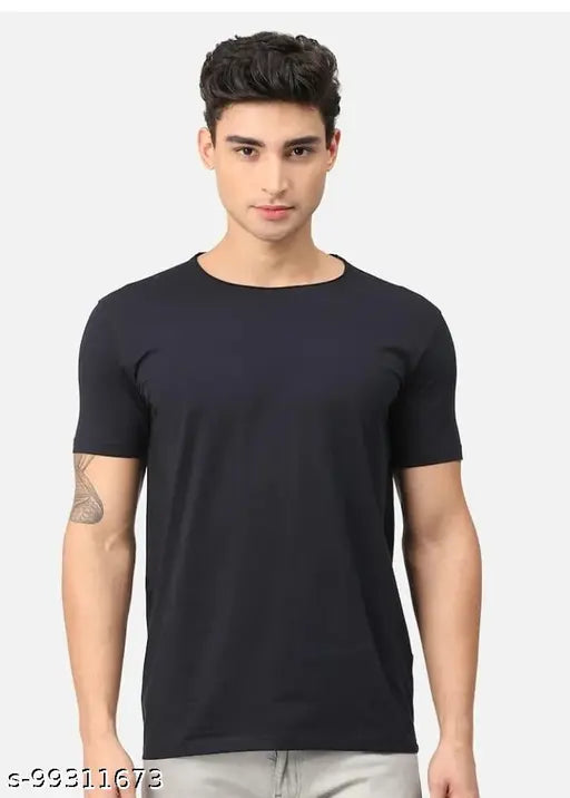 Black polyester men's t-shirt with short sleeves, solid design. M (chest size 40in, length size 28.5in), L (chest size 42in, length size 29in), XL (chest size 44in, length size 30in). Made in India