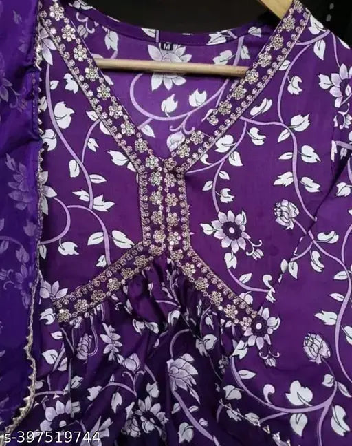 Purple embroidered rayon Aliya cut kurta with matching dupatta and pants