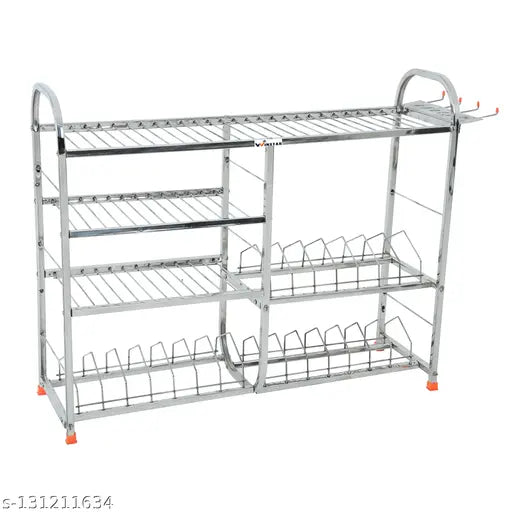 Stainless steel kitchen dish rack with four layers, lower plate design, and a modular kitchen storage system