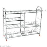 Stainless steel kitchen dish rack with four layers, lower plate design, and a modular kitchen storage system