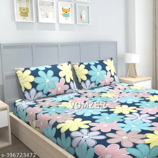 Premium cotton king size fitted bedsheets with 2 pillow covers, double bed with all-around elastic, 72x78 inches, fits up to 4-10 inch mattresses, floral print, superfine quality
