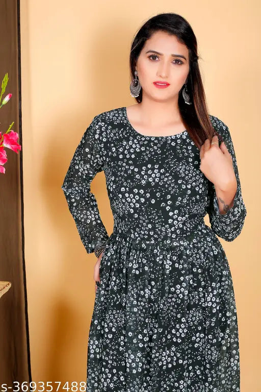 Black and white floral Georgette kurti with lace embellishments, India