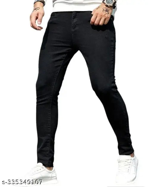 Men's solid black denim slim fit stretchable jeans, ideal for everyday wear and versatile style