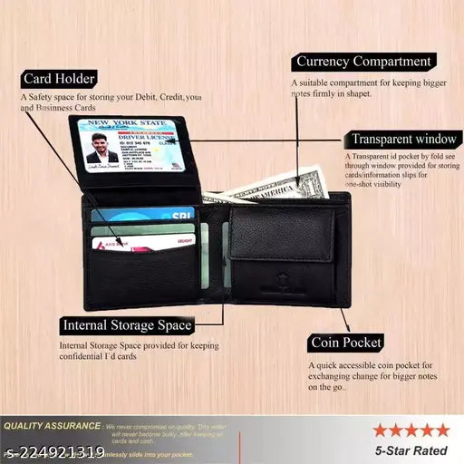 Black genuine leather RFID-blocking men's wallet, 2 compartments, free size (11cm x 9cm). Elegant men's gift hamper from India