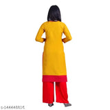 Rayon embroidered women's kurta palazzo set, printed net pattern on three-quarter sleeves