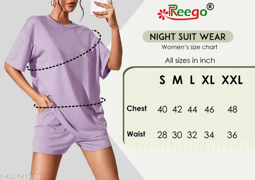 Lavender pure cotton printed nightsuit set for women, half sleeve T-shirt & shorts, India origin