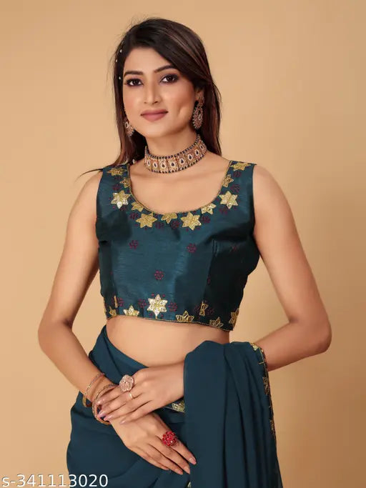 Green georgette sari with blouse and embroidery