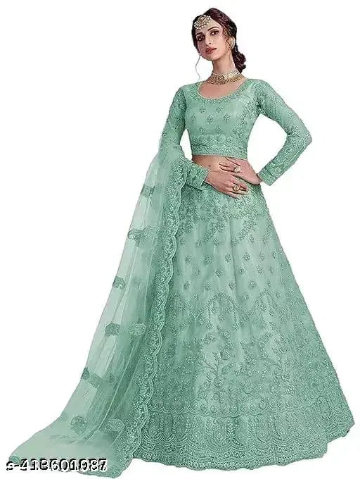 New net lehenga-choli set for women, embroidered with intricate Indian patterns, semi-stitched (waist 42in, length 42in, dupatta 2.1in)