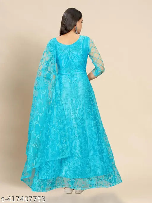 Sky net gown, semi-stitched embroidered women's dress with inner and dupatta, 3/4 sleeves, 57 inches long, dry clean or hand wash, Indian craftsmanship
