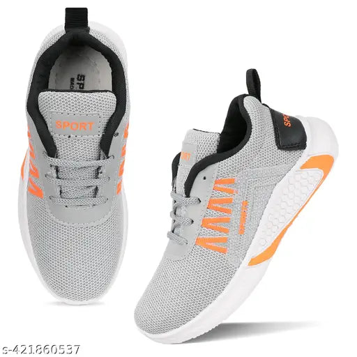 Grey and orange running shoes, slip-on style, casual wear