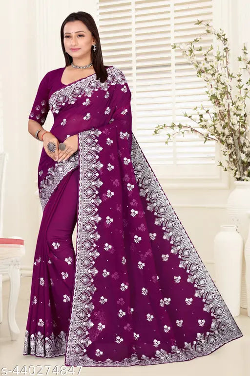 Purple Georgette saree for women, traditional Indian design, intricate embroidery