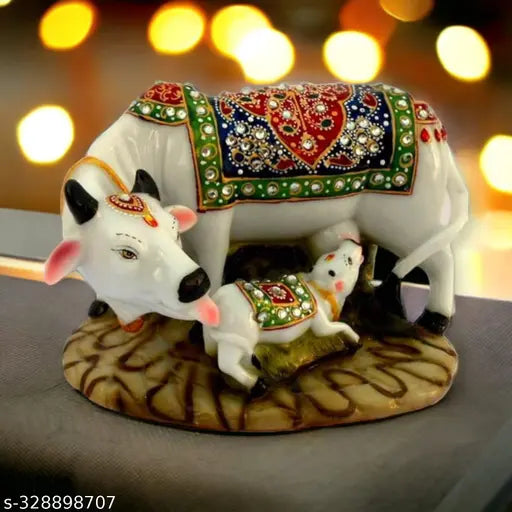 Decorative marble dust resin Kamdhenu Cow and Calf Statue, symbol of prosperity, 6x4x3 inches, handmade Indian handicraft