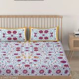 White printed cotton flat sheets set, superfine floral pattern, adult-sized summer bedding, double queen size with 2 pillow covers, pure cotton linen from India. (124 characters)