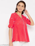 WineRed women's peach floral embroidered puff sleeves top, short sleeve cotton blouse with puff sleeves, ideal for office and casual wear. Handcrafted in India using high-quality pure cotton fabric
