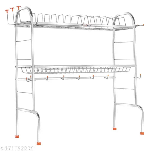 Dish rack with two tiers and a handle, featuring four hooks on each tier and a handle at the front