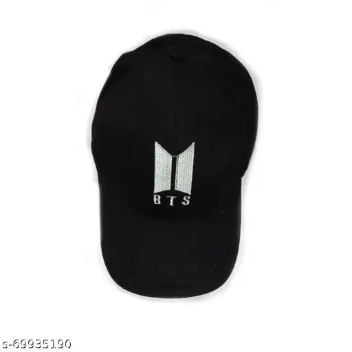 Black cotton BTS baseball cap with embroidered design, featuring the popular band's logo
