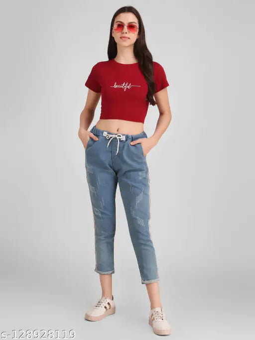 Red printed cotton crop top, short sleeves, size S-L for women's fashion