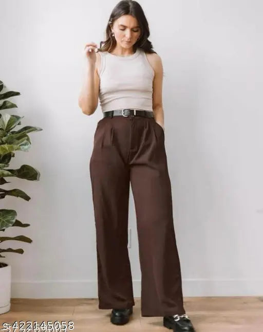 Brown, women's polyester blend trousers with high rise waistband